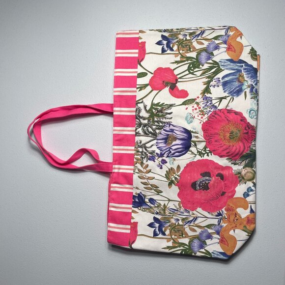 Linen Beach Bag | Peach / Pink and Floral Print | NWOT | Tote Bag - Picture 1 of 6